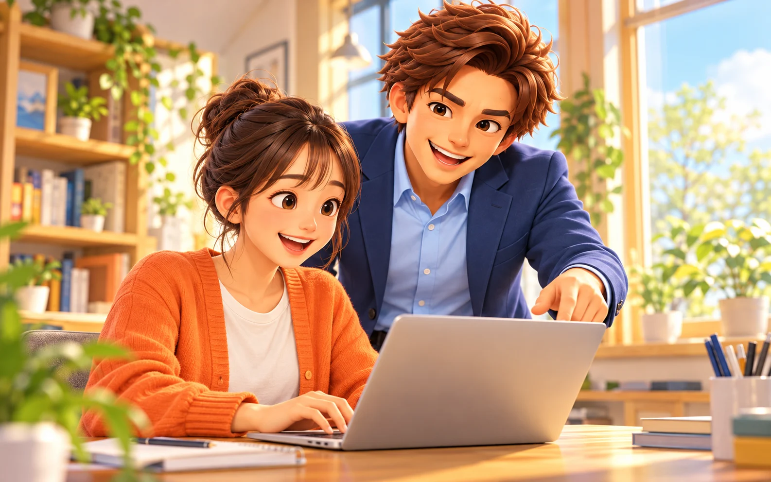 ハッシー先生が大学生にパソコンの使い方を教えているイラスト