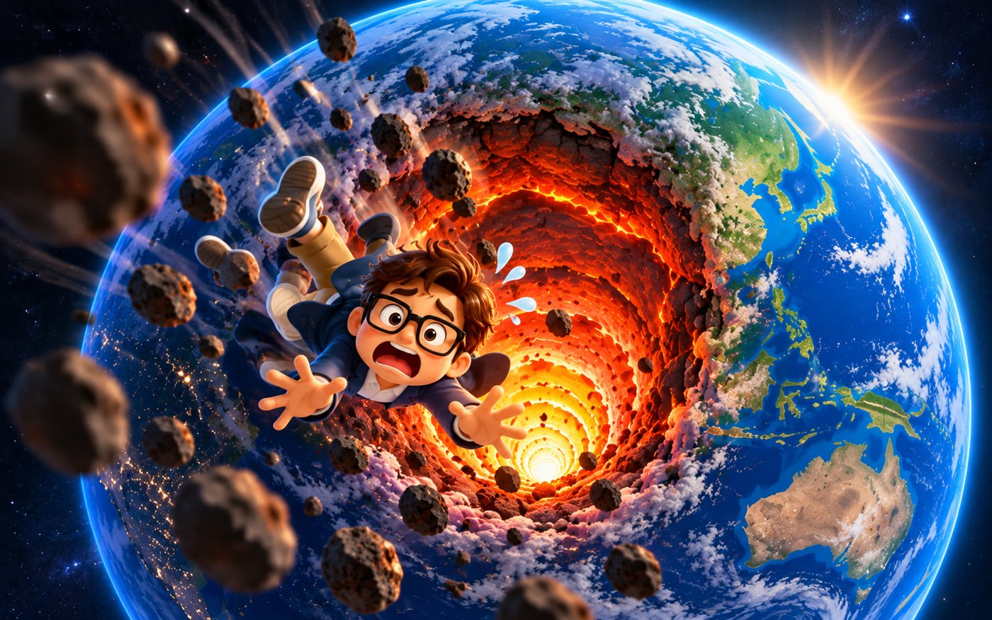 ハッシー先生が地球の穴に吸い込まれ、マグマの中へ落ちていくイラスト