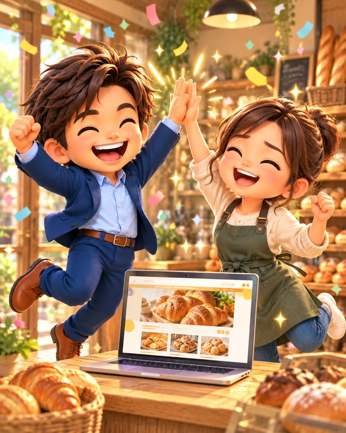 ハッシー先生とお店の方が、ジャンプしてハイタッチで喜んでいるイラスト