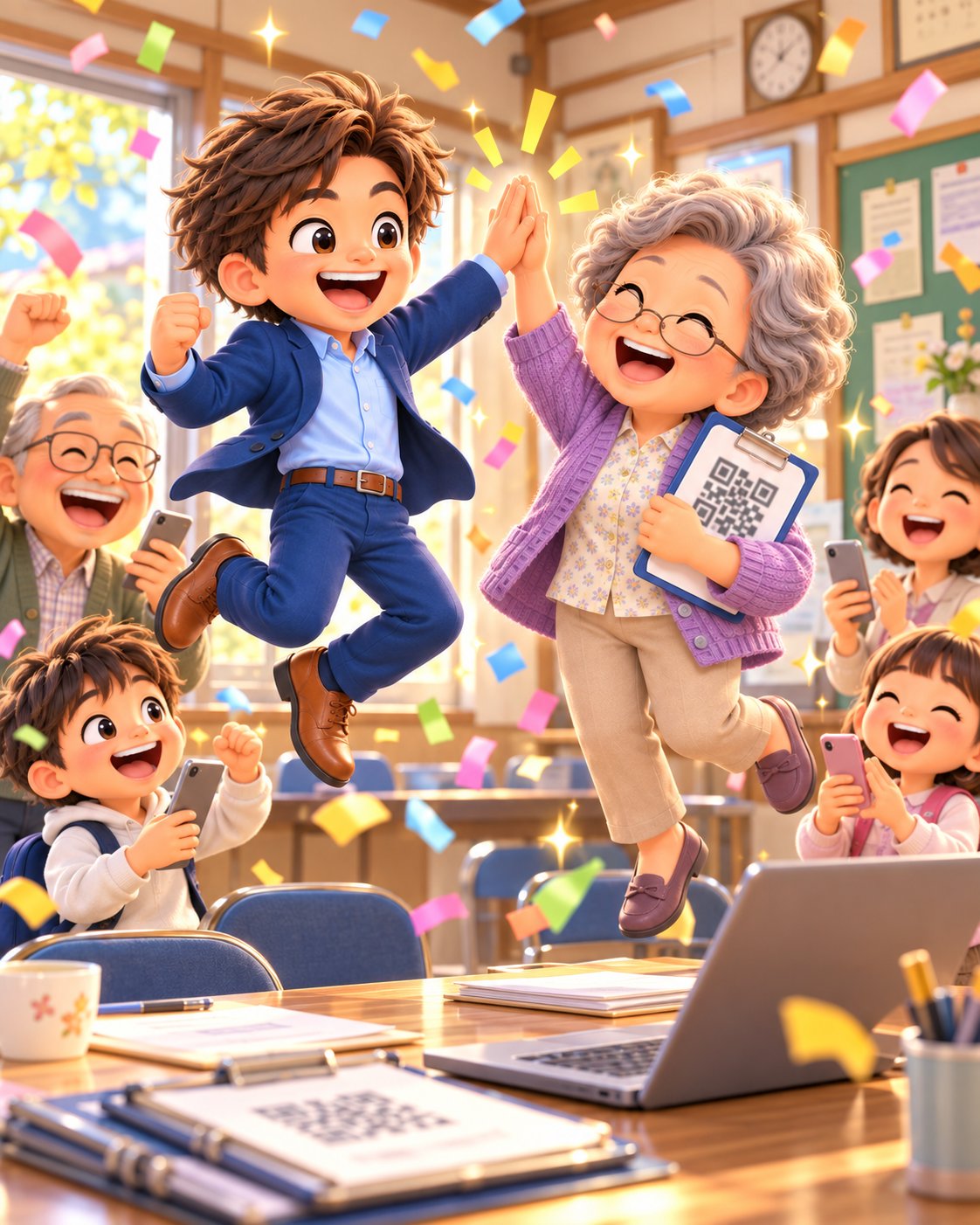 ハッシー先生とお客さんが、ジャンプしてハイタッチで喜んでいるイラスト